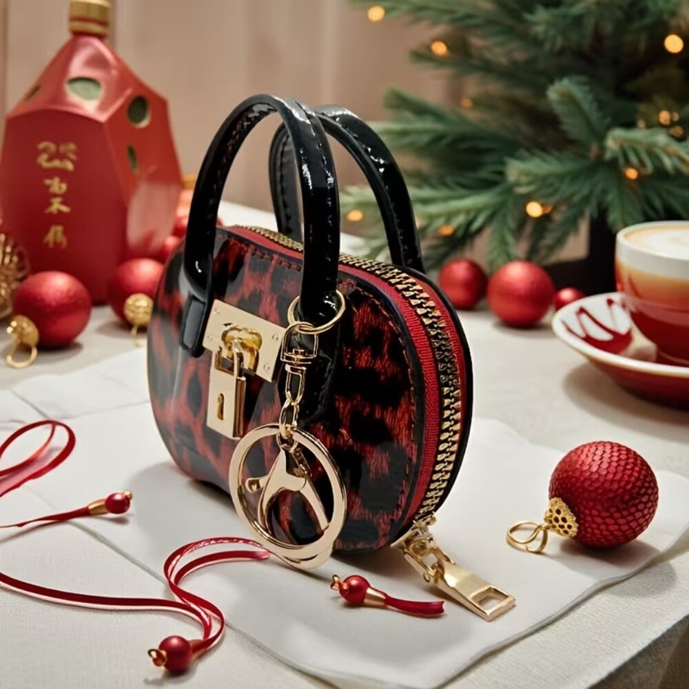 🔥 Classy Leopard style Mini Handbag Keychain Coin Purse Charm w/ Gold Accent - Picture 2 of 6